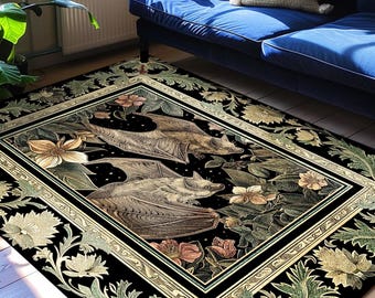 Cottagegoth Goblincore Bat Lovers Rug Gothic Cottagecore Decor | Dark Woodland Bat Art Ethereal Botanical Rug Boho Grunge Fairycore Decor
