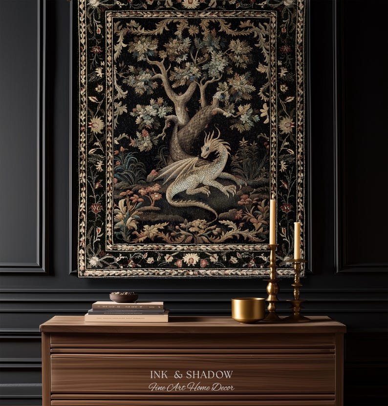 May include: A rectangular wall tapestry featuring a central illustration of a light-colored dragon resting beneath a large tree, surrounded by floral motifs and a decorative border on a black background, with the text INK & SHADOW Fine Art Home Decor.