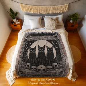 Mystic Black Cats Gothic Tapestry Blanket Dark Academia Skull Throw | Celestial Occult Aesthetic Cat Tapestry Urban Grunge Witchy Wall Art image 2