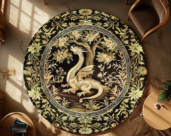 Woodland Gothic White Dragon Round Area Rug Enchanted Forest Decor | Mystical Dark Academia Whimsical Fantasy Forestcore Dark Nature Decor