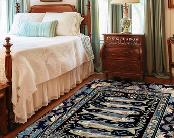 Dreamy Ocean Theme Area Rug | Sardine Theme Fish Design Nautical Cottagecore Sea Art Print Folk Coastal Bedroom Accent Decor Maritime Magic