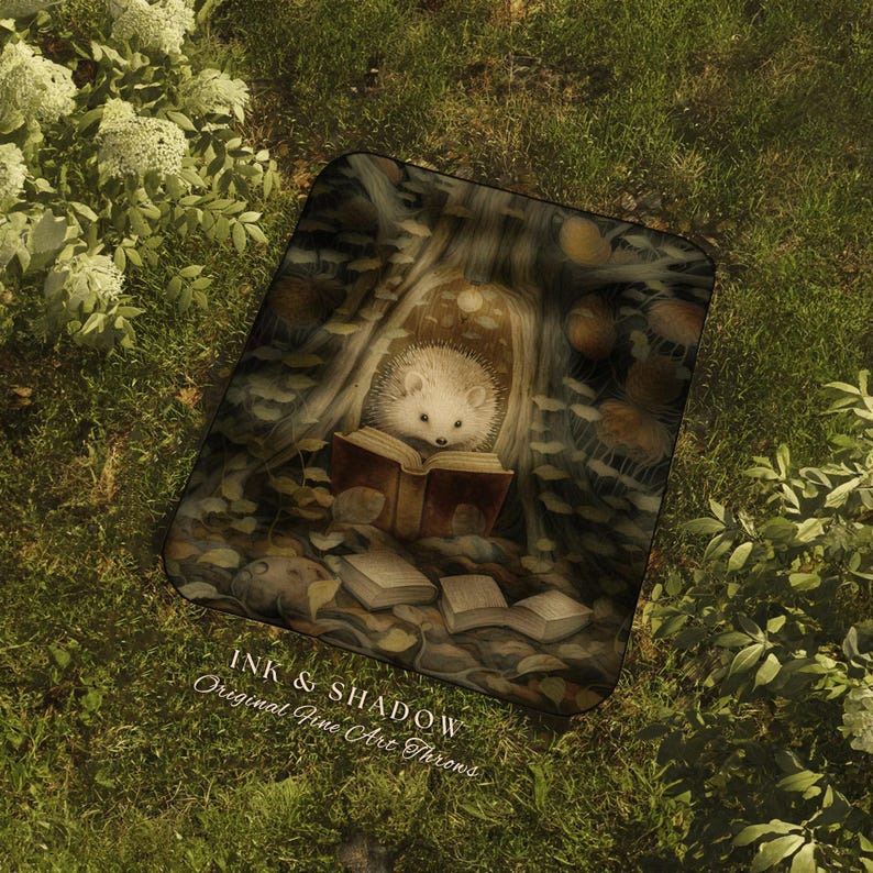 Hedge Hog Book Nook Blanket | Forestcore Dark Woodland Cottagecore Tapestry Woven Mystical Bookish Gift for Reader Cozy Throw Hedgehog Lover image 9