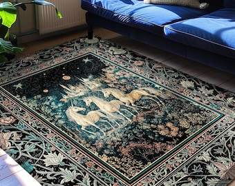 Mystic Academia Unicorn Area Rug | Dark Victorian Gothic Floral Landscape Magical Elegance Aesthetic Accent Rug Storybook Fairytale Artwork