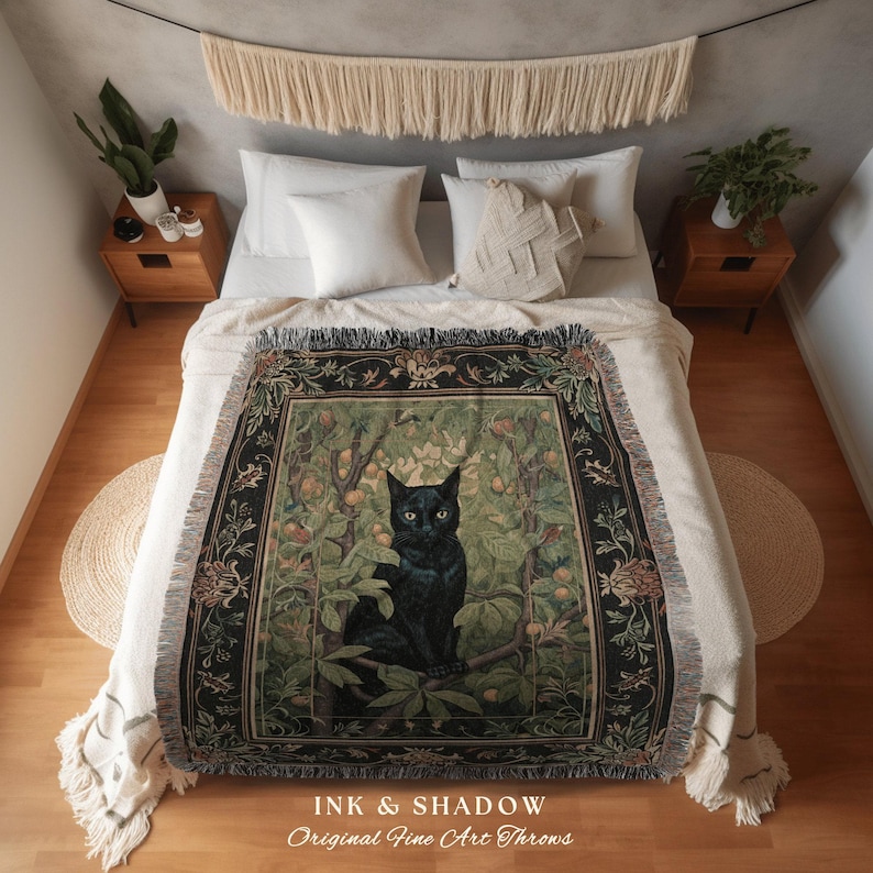 Black Cat Botanical Blanket | Dark Floral Bedroom Decor Cottagecore Reading Corner Gothic Tapestry Woven Dark Fairycore Room Woodland Art image 2