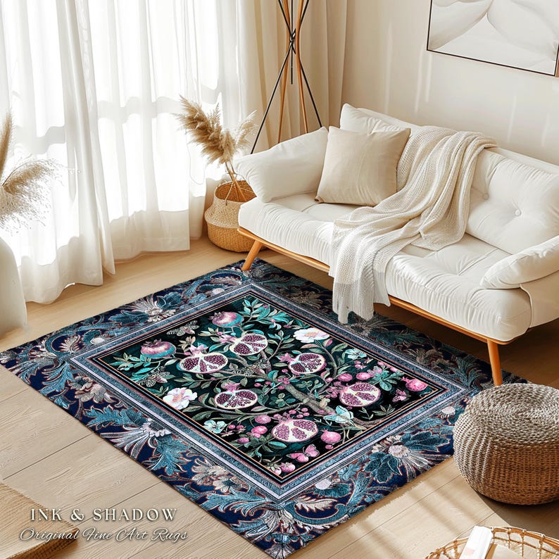 Enchanted Floral Pomegranate Rug Whimsigothic Botanical Witch Cottagecore Decor, Witchy Dark Academia Indigo Blue Forestcore Art Nouveau Rug imagem 5