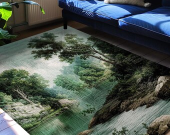 Lakeside Forest Lush Greenery Braided Rug | Rustic Botanical Woodland Verdure Romantic Verdant European Landscape Art Nature Inspired Decor