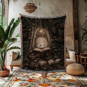 Hedge Hog Book Nook Blanket | Forestcore Dark Woodland Cottagecore Tapestry Woven Mystical Bookish Gift for Reader Cozy Throw Hedgehog Lover image 1