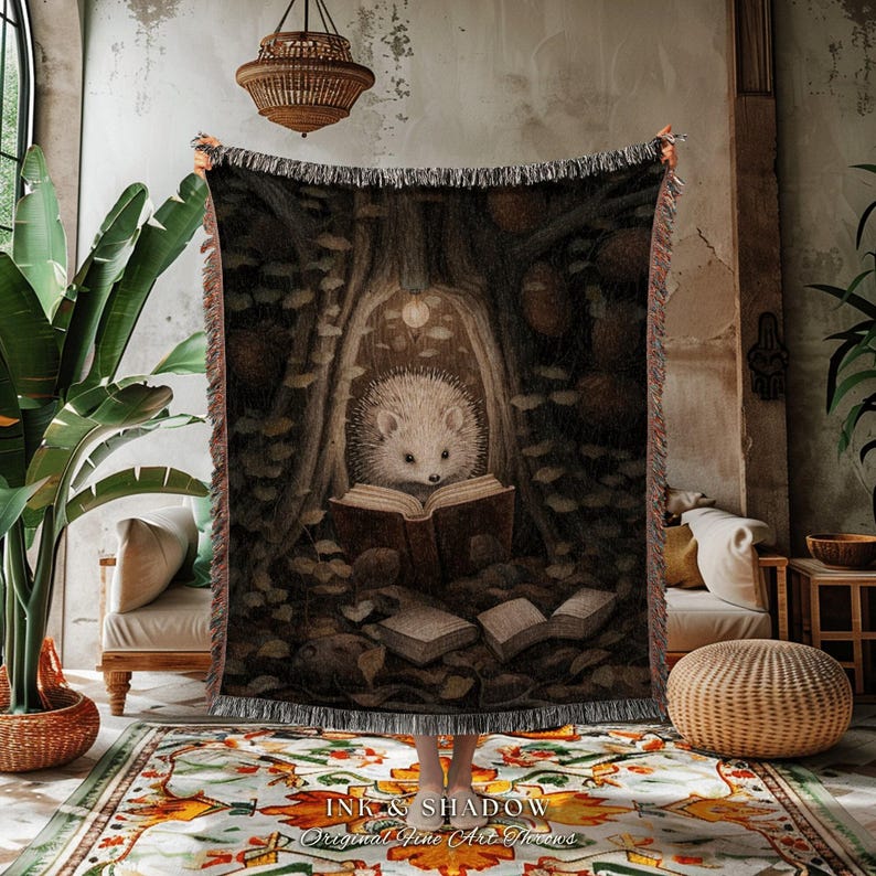 Hedge Hog Book Nook Blanket | Forestcore Dark Woodland Cottagecore Tapestry Woven Mystical Bookish Gift for Reader Cozy Throw Hedgehog Lover image 1