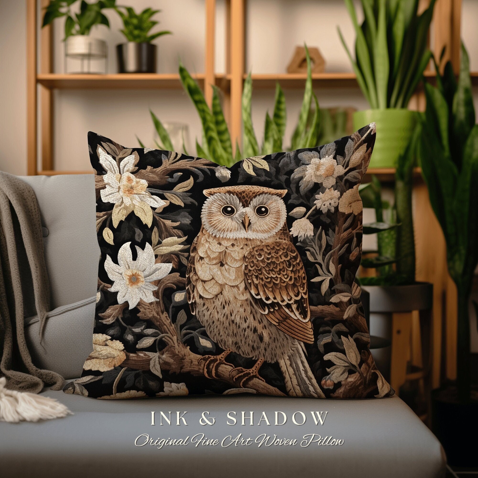 Rustic Owl Decorative Pillow | Whimsical Aesthetic Rustic Woodland Boho Cottagecore Home Decor Crowc