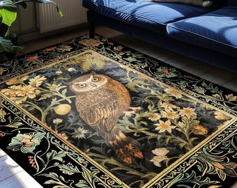 Forest Cottagecore Owl Round Floral Rug Vintage Aesthetic Fairycore Book Nook Bird Decor | Whimsical Woodland Eclectic Owl Botanical Art Rug