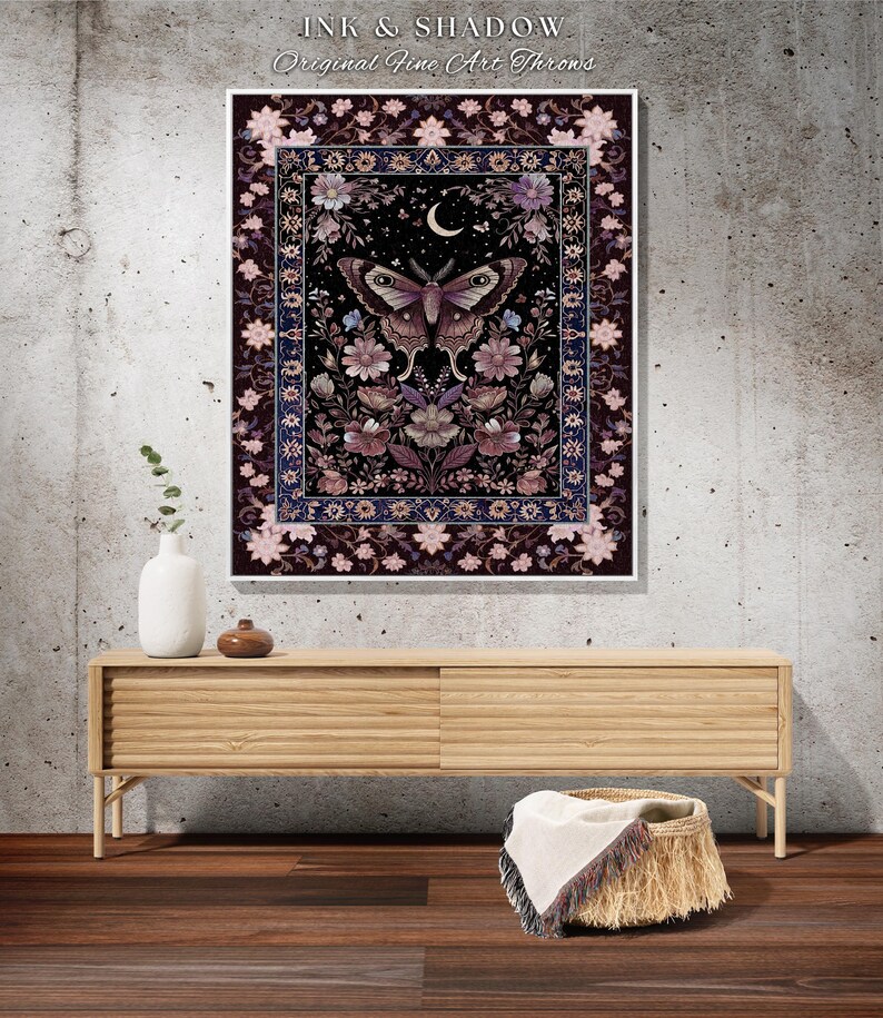 Purple Moth Celestial Blanket Boho Fairycore Dark Floral Decor | Enchanted Goth Cottagecore Butterfly Lovers Moth Moon Tapestry Whimsical image 10