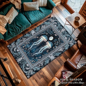 Lunar Ocean Jellyfish Rug Deep Blue Ethereal Coastal Decor, Enchanted Art Nouveau Cottagecore Marine Scene Moonlight Nautical Underwater Rug image 10