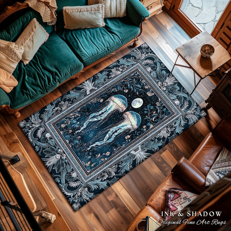 Lunar Ocean Jellyfish Rug Deep Blue Ethereal Coastal Decor, Enchanted Art Nouveau Cottagecore Marine Scene Moonlight Nautical Underwater Rug image 10