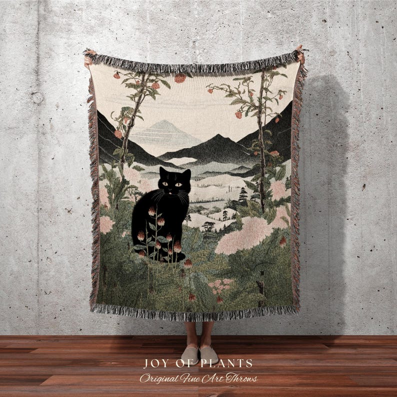 Vintage Cat Tapestry Blanket Woven | Japanese Tapestry Boho Room Decor Blanket | Autumn Decor Tapestry Black Cat Blanket Dorm Room Decor | zdjęcie 6