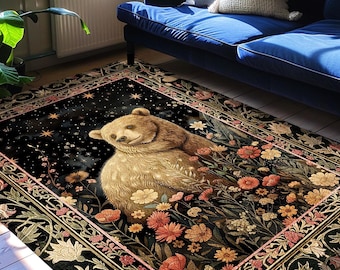 Fairytale Bear Rug Enchanted Woodland Celestial Wildflower Starscape | Whimsical Dark Floral Fairycore Magic Whimsigoth Foestcore Home Decor