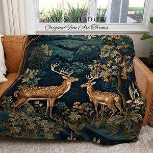 Folk Art Blanket Woodland | Folk Art Blanket Woven Tapestry William Morris Throw Dark Cottagecore Gothic Aesthetic Bedding Light Academia | image 6