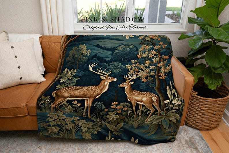 Folk Art Blanket Woodland | Folk Art Blanket Woven Tapestry William Morris Throw Dark Cottagecore Gothic Aesthetic Bedding Light Academia | image 6