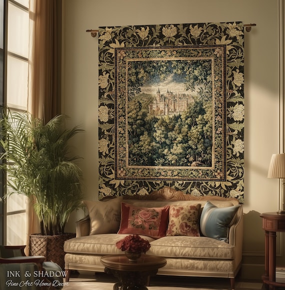 Ethereal Fairytale Fantasy Castle Tapestry | Dark Academia Woodland Fairy Folklore Princess Aesthetic Magical Landscape Forestcore Romantic