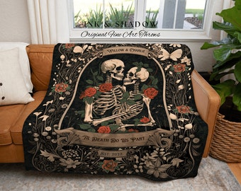 Dark Romantic Skeleton Blanket | Personalized Wedding Blanket Spooky Halloween Skeleton Tapestry His & Hers Anniversary Gift For Girlfriend