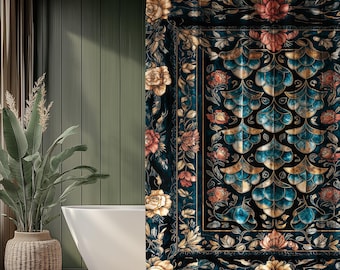 Mystical Dark Dragon Scale Shower Curtain | Goth Baroque Elegance Navy Blue Dark Academia Aesthetic Fairytale Ornate Bathroom Accent Floral