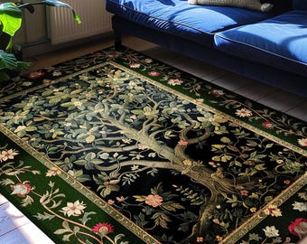Elegant Botanical Accent Rug | Bohemian Aesthetic Living Room Home Decor Rustic Housewarming Gift Cottagecore Earth Tone Bedroom Floor Mat |