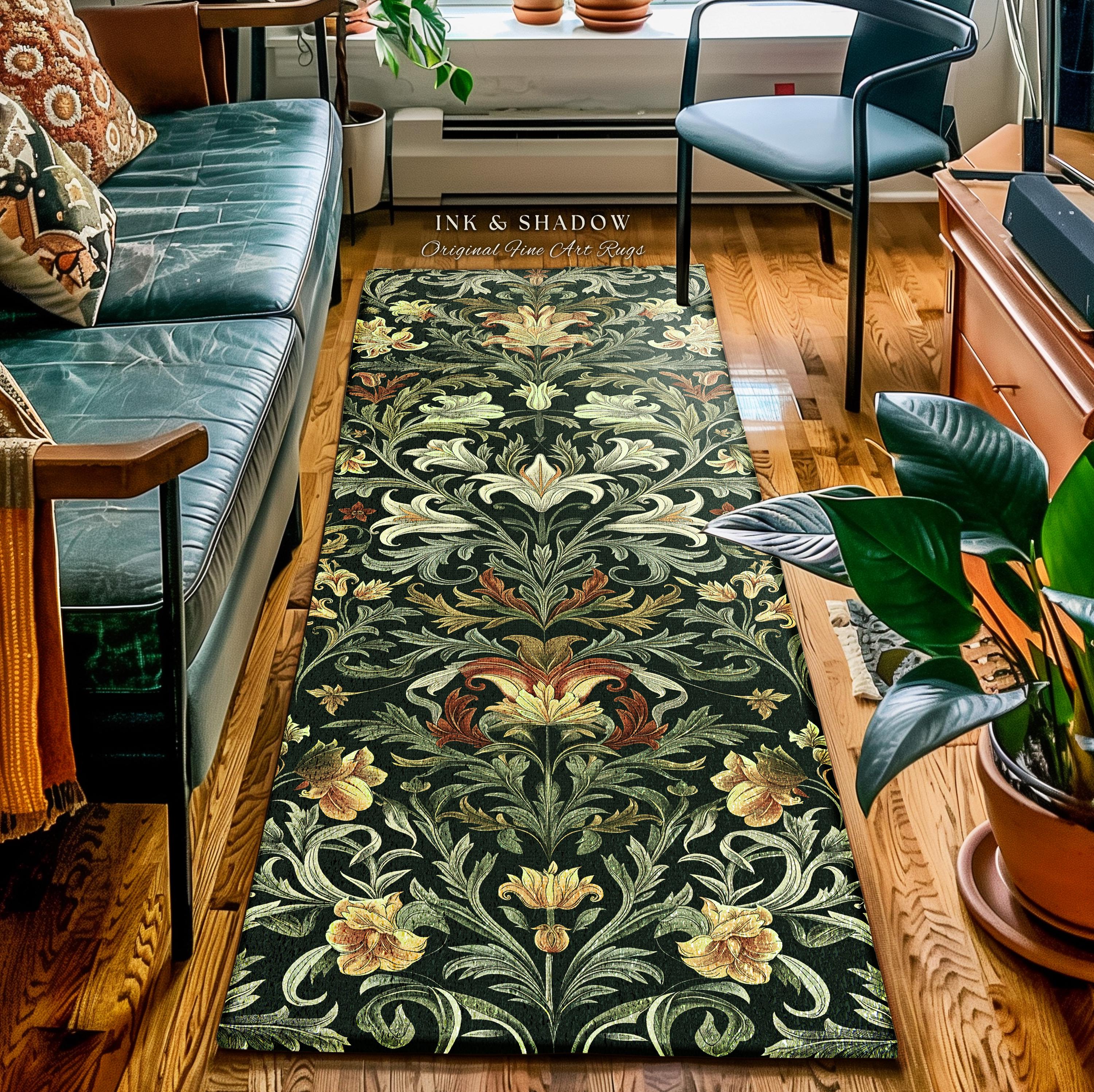 Emerald Green Floral Dark Botanical Runner Art Deco Rug Whimsical