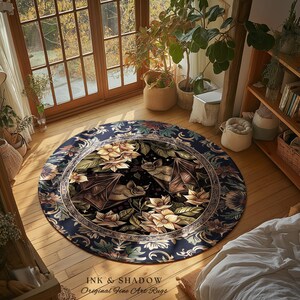 Dark Academia Mystic Bat Rug Woodland Gothic Victorian Decor | Enchanted Forest Bat Lover Nature Rug Celestial Boho Floral Cottagecore Decor image 5