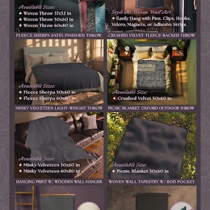 The image is a collage of four images showcasing different signature throw and tapestry wall art collections from the brand Ink & Shadow. The images feature various sizes and styles of wall art, including woven throw and tapestry wall art, as well as signature throw and tapestry wall art. The text in the image provides information about the available sizes and styles, but it does not include any descriptive text about the individual images.