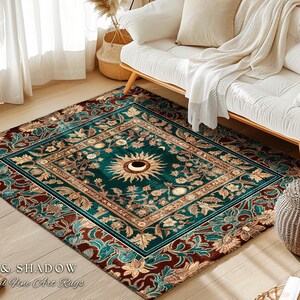 Moon and Sun Ethereal Bohemian Rug | Celestial Tarot Aesthetic Zodiac Inspired Floral Maximalist Bedroom Ethereal Astrology Witchy Area Rug image 1