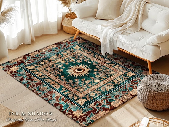 Moon and Sun Ethereal Bohemian Rug | Celestial Tarot Aesthetic Zodiac Inspired Floral Maximalist Bedroom Ethereal Astrology Witchy Area Rug
