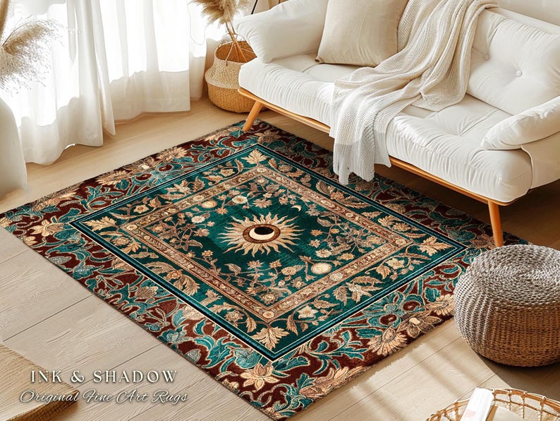 Moon and Sun Ethereal Bohemian Rug | Celestial Tarot Aesthetic Zodiac Inspired Floral Maximalist Bedroom Ethereal Astrology Witchy Area Rug image 1