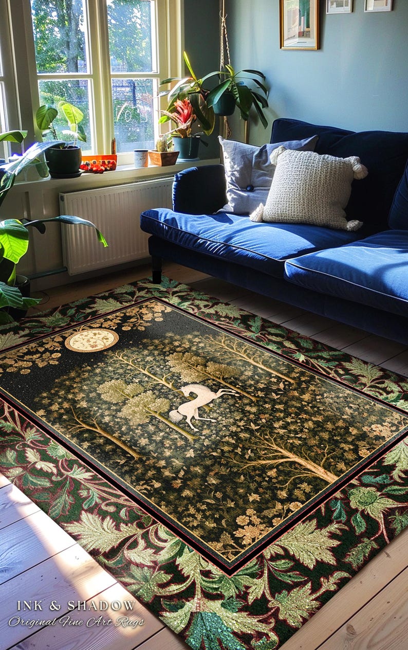 Magic Aesthetic Unicorn Runner Rug Cottagecore Style, Dark Academia Folklore Decor Gothic Maximalist Fantasy Art Enchanted Fairytale Accent Bild 15