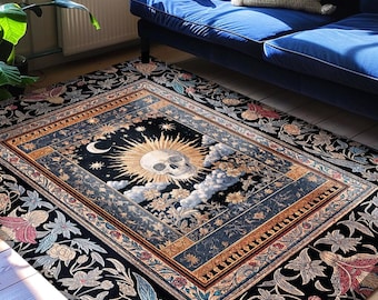 Dark Academia Celestial Skull Area Rug | Skull Witchy Baroque Tarot Aesthetic Gothic Decor Spooky Macabre Halloween Vibes Moon and Stars |