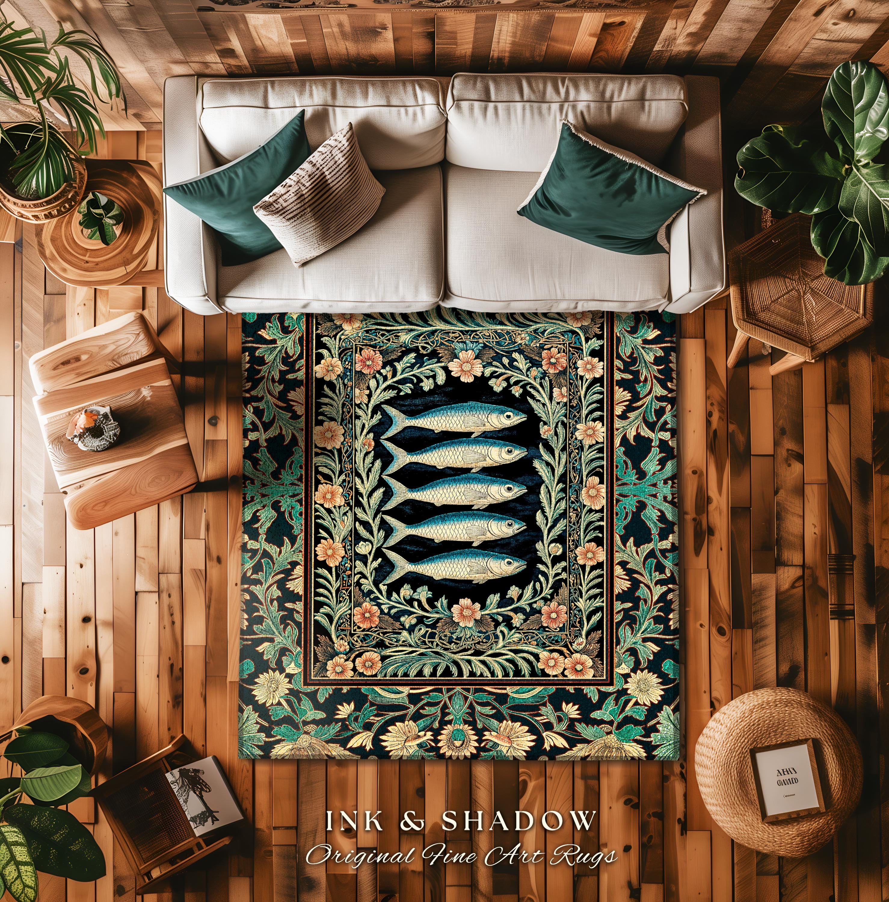 Mystical Floral Underwater Fish Rug | Antique Sardine Art Ocean Decor ...
