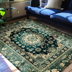 Victorian Gothic Bedroom Rug | Reading Nook Cozy Floor Rug Ornate Statement Rug with Blue Green Detail Cottagecore Dark Academia Aesthetic