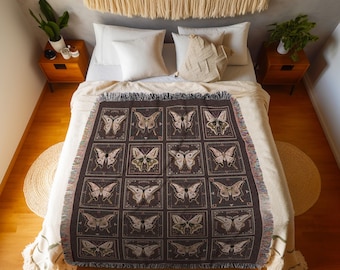 Whimsical Moth Blanket Woven Throw Dark Academia Luna Moth Art Gothic Home Decor Bohemian Bedding, Cozy Goth Cottagecore Tapestry Fall Gifts