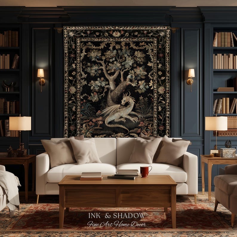 May include: A rectangular wall tapestry featuring a central dragon illustration amidst a detailed tree and floral motif on a black background, framed by a decorative border. The text "INK & SHADOW Fine Art Home Decor" is printed at the bottom.