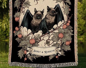 Vintage Bat Blanket Personalized Couples Gift Gothic Wedding Custom Blanket Woven | Gift for Goth Couples Holiday Bat Blanket Gothic Decor