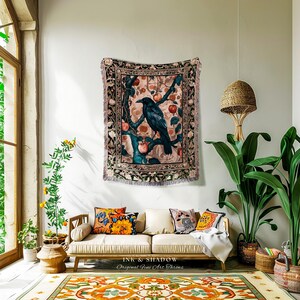 Victorian Raven Enchanted Forest Blanket Whimsical Woodland Gothic Apple Tree Tapestry | Dark Cottgecore Cottage Goth Crowcore Fairy Grunge image 6