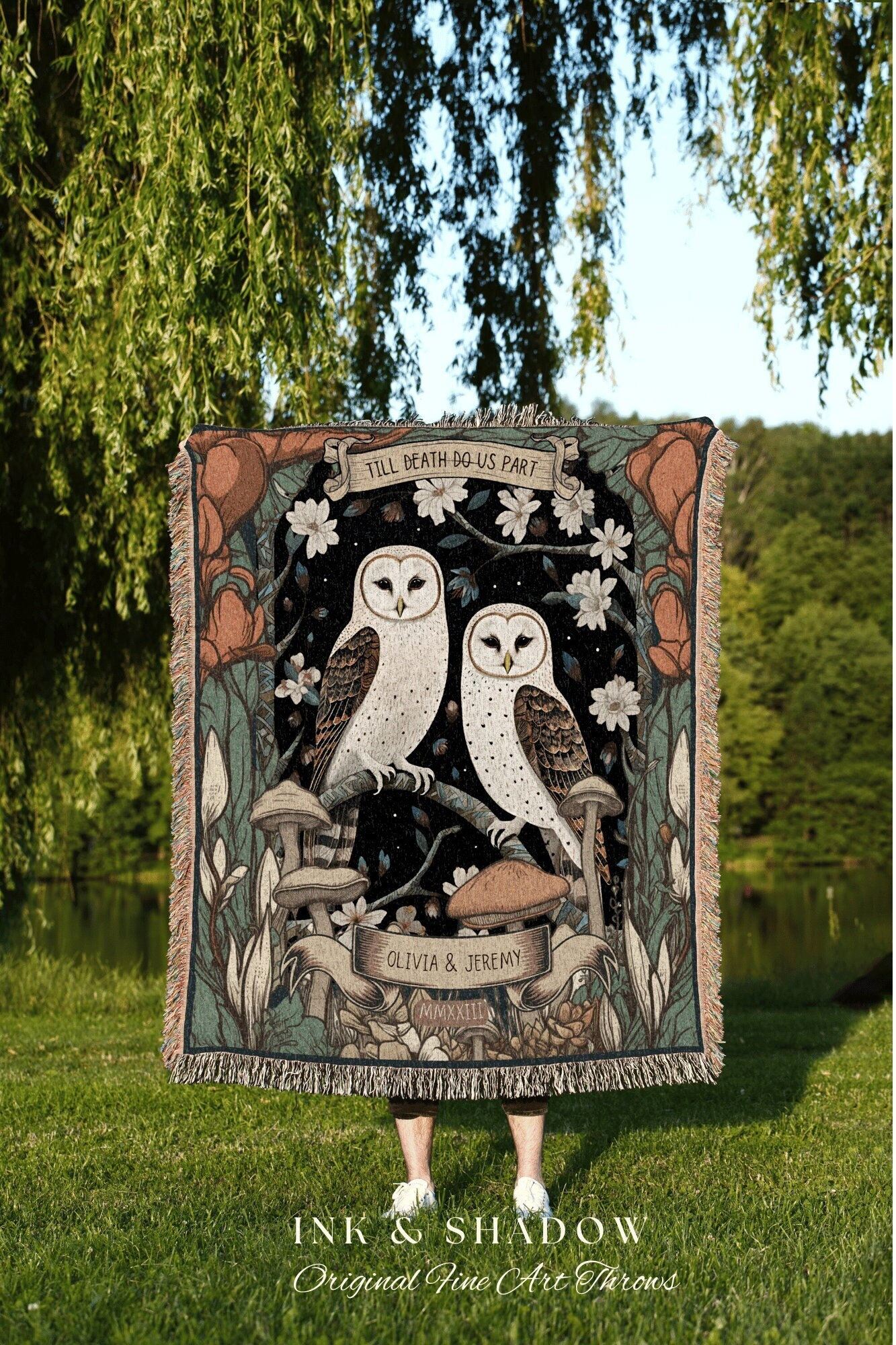 Barn Owl Couples Throw Blanket | Cottagecore Wedding Gothic Owl Throw Couples Tapestry Personalized 