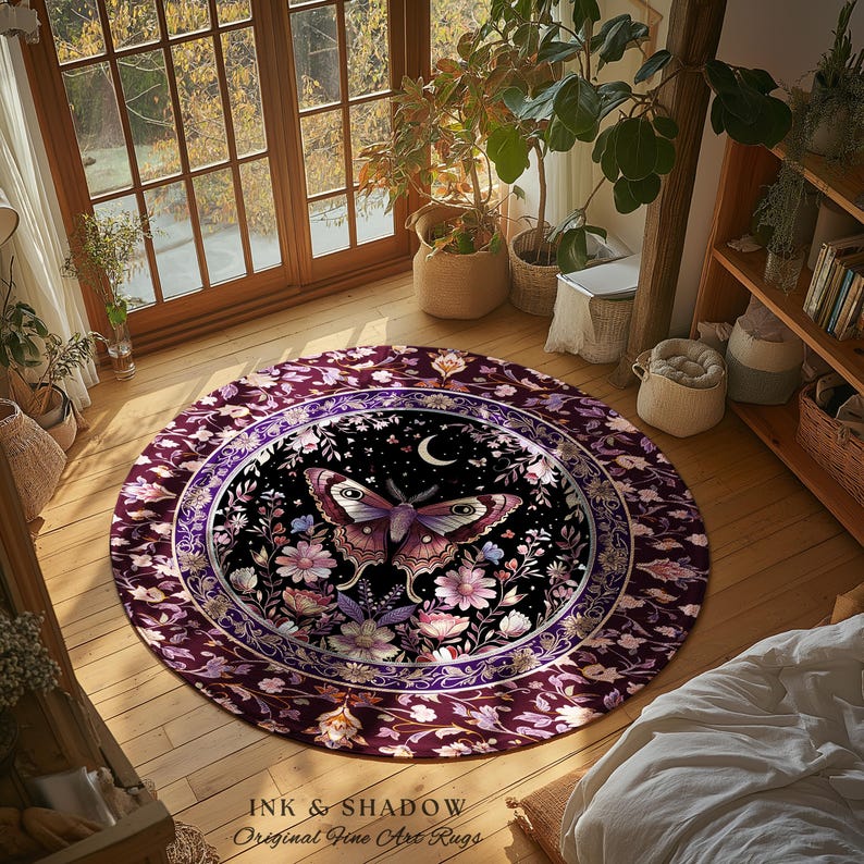 Purple Moth Celestial Rug Boho Fairycore Dark Floral Decor | Enchanted Fairy Cottagecore Butterfly Lovers Moth Moon Rug Whimsical Goth Gift Bild 20