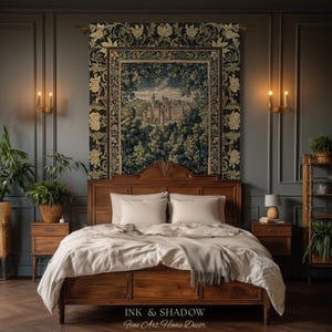 May include: A rectangular wall tapestry featuring a detailed landscape of a castle surrounded by dense forest, framed by a wide border of cream-coloured floral motifs on a black background. The text INK & SHADOW Fine Art Home Decor is visible.