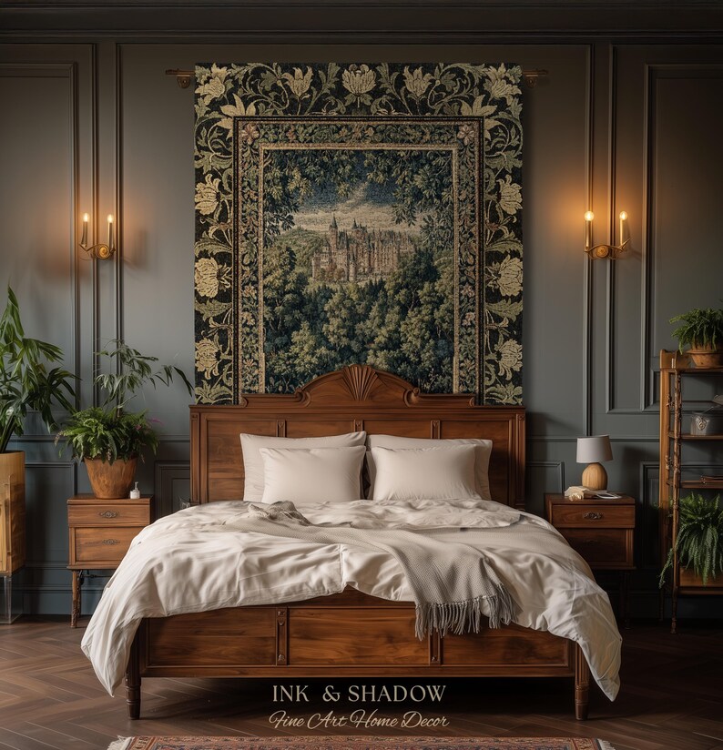 May include: A rectangular wall tapestry featuring a detailed landscape of a castle surrounded by dense forest, framed by a wide border of cream-coloured floral motifs on a black background. The text INK & SHADOW Fine Art Home Decor is visible.