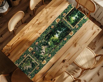 Woodland Forest Cottagecore Table Runner | Fairycore Aesthetic Magical Woodland Dining Room Emerald Green Home Decor Whimsigothic Indie Cute