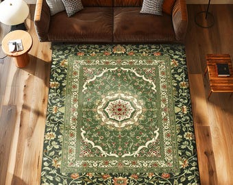May include: A green and cream-colored area rug with a floral design. The rug has a central medallion and a border with floral patterns. The text "INK & SHADOW Original Fine Area Rugs" is at the bottom of the rug.