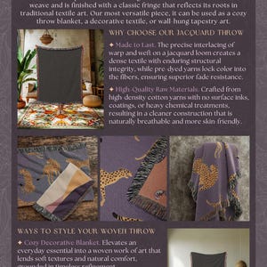 May include: A woven throw blanket with fringe, featuring the text "Woven Throw with Fringe Finish" and "TRUE JACQUARD WEAVE 100% COTTON". The image showcases the blanket's texture and design, with examples of its use as a throw and wall art.