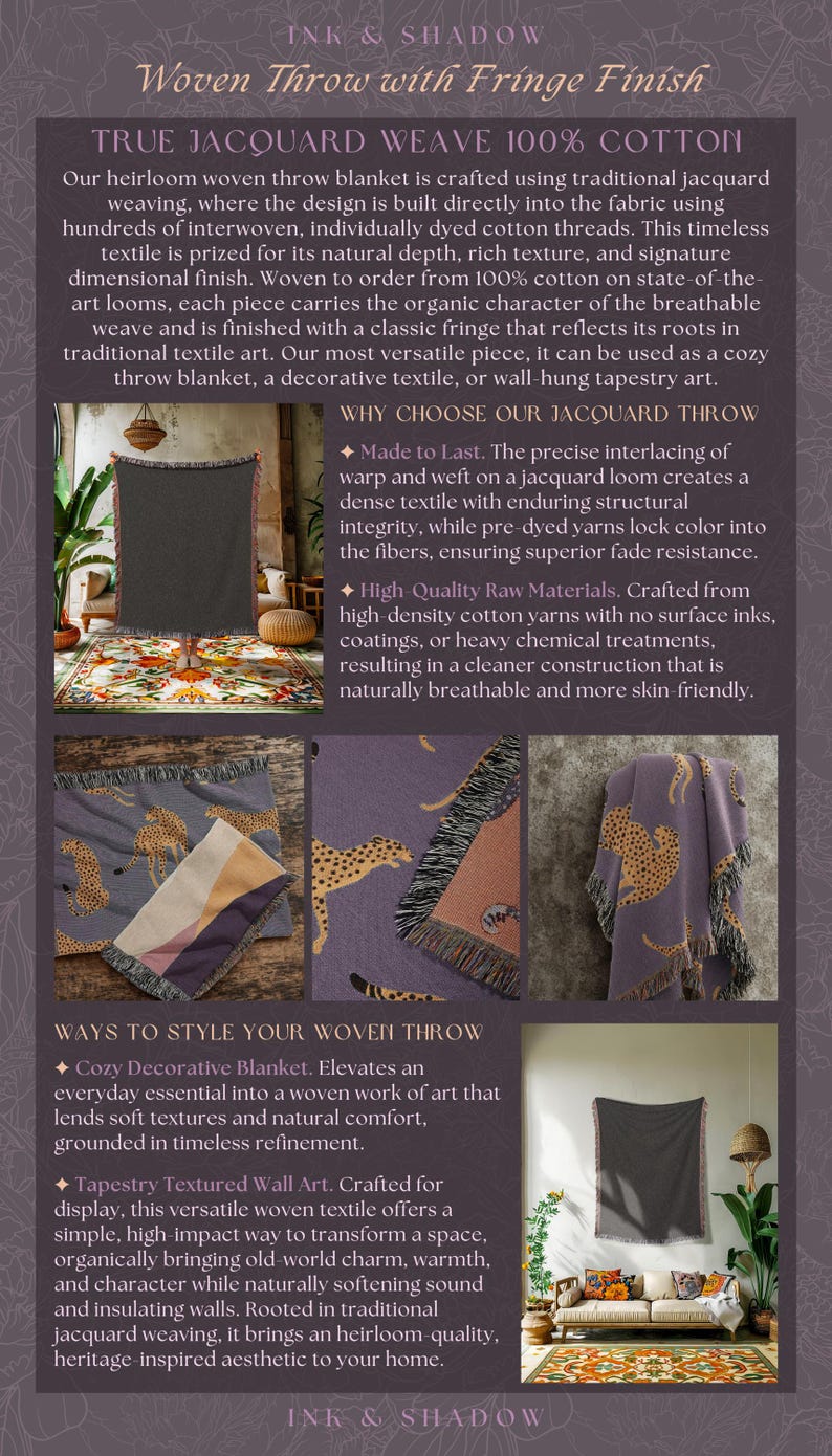 May include: A woven throw blanket with fringe, featuring the text "Woven Throw with Fringe Finish" and "TRUE JACQUARD WEAVE 100% COTTON". The image showcases the blanket's texture and design, with examples of its use as a throw and wall art.