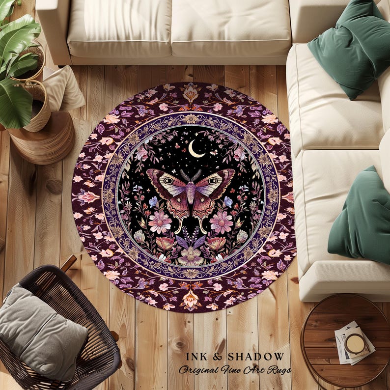 Purple Moth Celestial Rug Boho Fairycore Dark Floral Decor | Enchanted Fairy Cottagecore Butterfly Lovers Moth Moon Rug Whimsical Goth Gift Bild 17