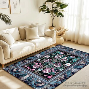 Enchanted Floral Pomegranate Rug Whimsigothic Botanical Witch Cottagecore Decor, Witchy Dark Academia Indigo Blue Forestcore Art Nouveau Rug imagem 10