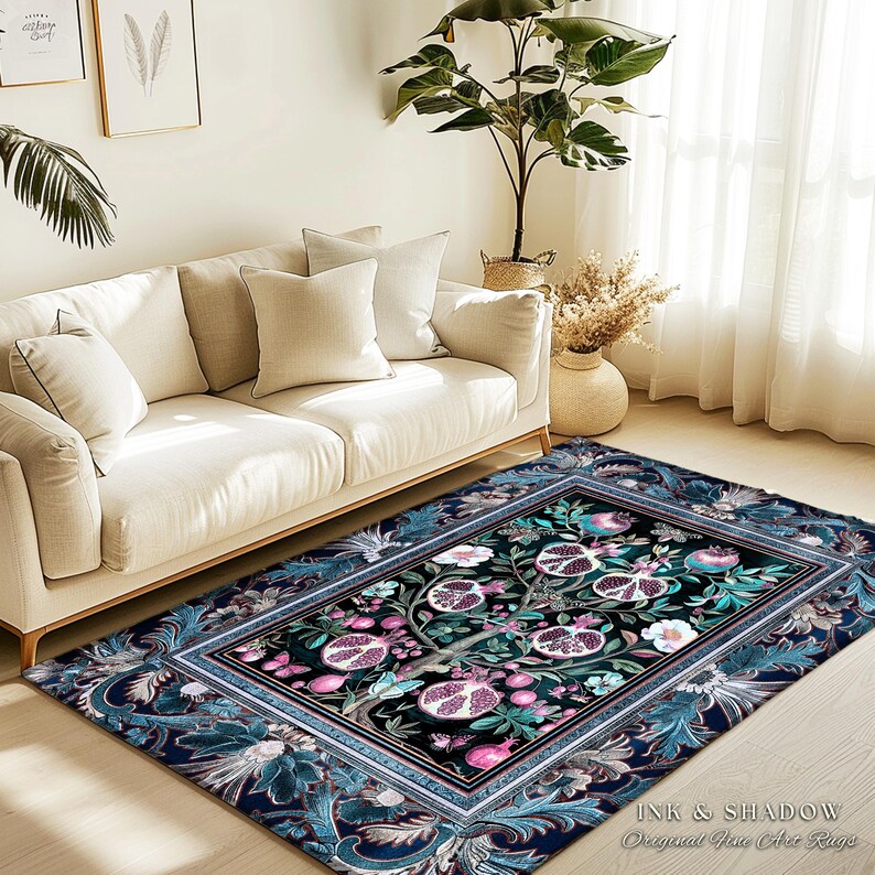 Enchanted Floral Pomegranate Rug Whimsigothic Botanical Witch Cottagecore Decor, Witchy Dark Academia Indigo Blue Forestcore Art Nouveau Rug imagem 10